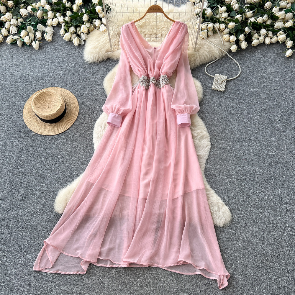 V Neck Lantern Sleeve Elegant Long Dress for Women with Waist Detail and Rhinestones in Red for Formal Occasions Wholesale