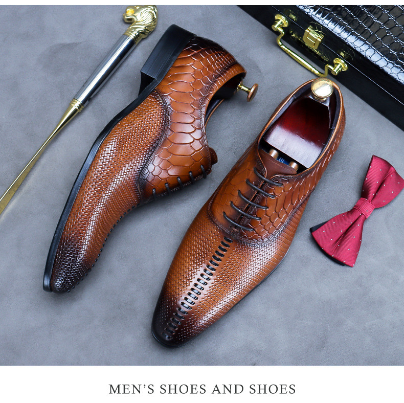 Giày Oxford nam da bò mũi nhọn buộc dây phong cách công sở — Màu nâu, Màu đen, Màu Kaki