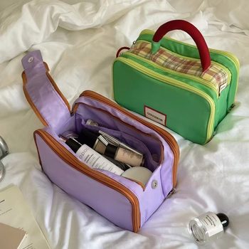 2025 New Style Spliced Portable Ins-Style Large-Capacity Makeup Bag Large-Capacity Travel Cosmetic Storage Bag