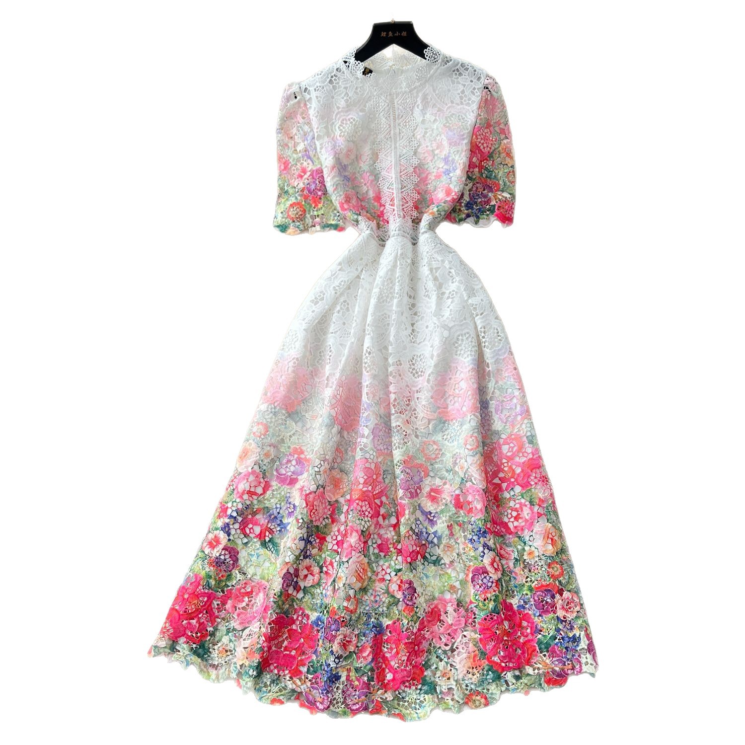 Elegant French Style Gradient Print Dress for Women Summer Hollow Out Lace Details Long Length Perfect for Formal