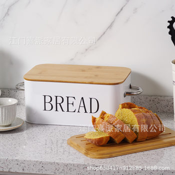 Cross-border bamboo-covered bread box household square metal baking bread box iron storage box kitchen food storage box