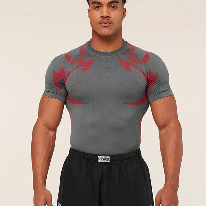 Летняя новинка GYMSHARK American, мужская облегающая футболка для бега трусцой, спортивная, для фитнеса, для тренировок по бегу, быстросохнущая короткая Изображение 1