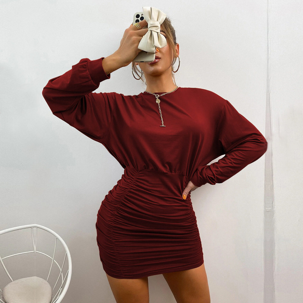 Womens Long Sleeve Knitted Dress Loose Fit Ruched Waist Bodycon Style Spring Summer Fashion Wholesale Available