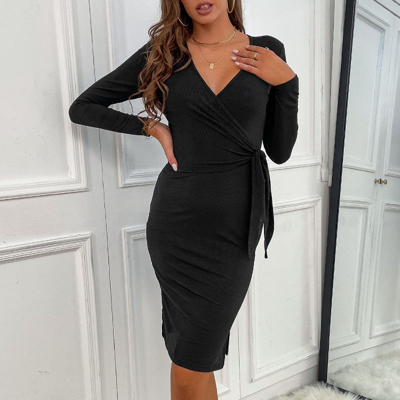 Bodycon Black V Neck Dress Long Sleeve Stylish Versatile for Layering Perfect for Parties or Casual Wear Wholesale