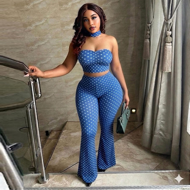 Polka Dot Two Piece Set Sexy Crop Top Wide Leg Pants Backless Design Yoga Casual Wear Wholesale Available