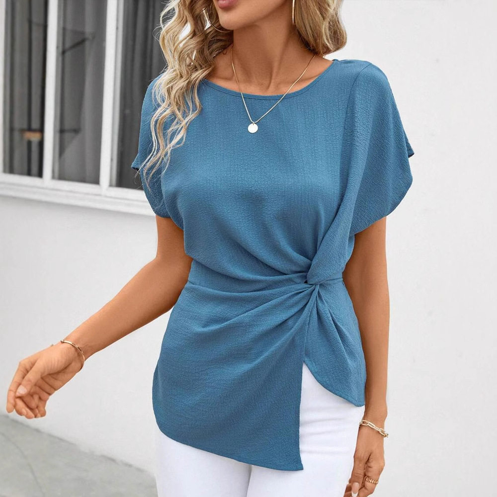 Asymmetrical Short Sleeve T Shirt Solid Color Round Neck Textured Fabric Casual Elegance for Everyday Wear