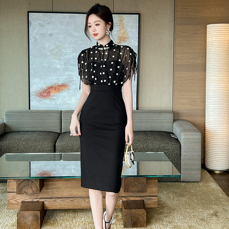 Đầm ôm body nữ cổ đứng tay ngắn phong cách sườn xám retro họa tiết chấm bi — [Màu đen] chi tiết 1