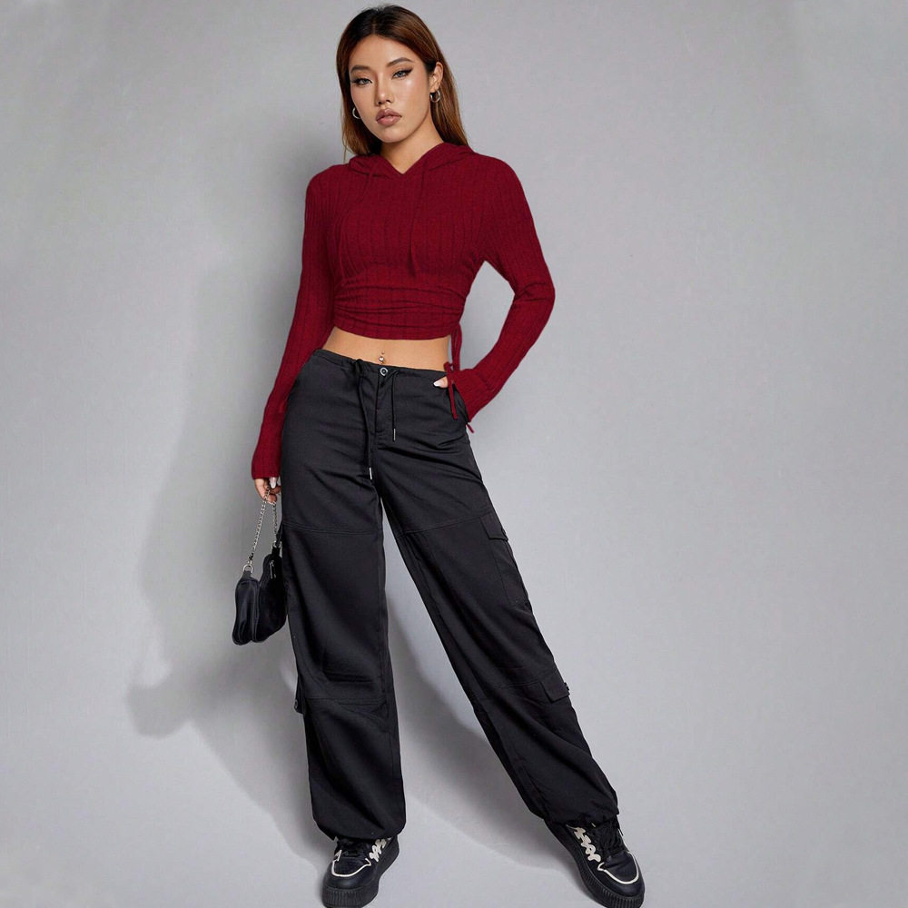 Womens Slim Fit Hooded T Shirt Burgundy Color Casual Style Autumn Winter Wear Wholesale Available