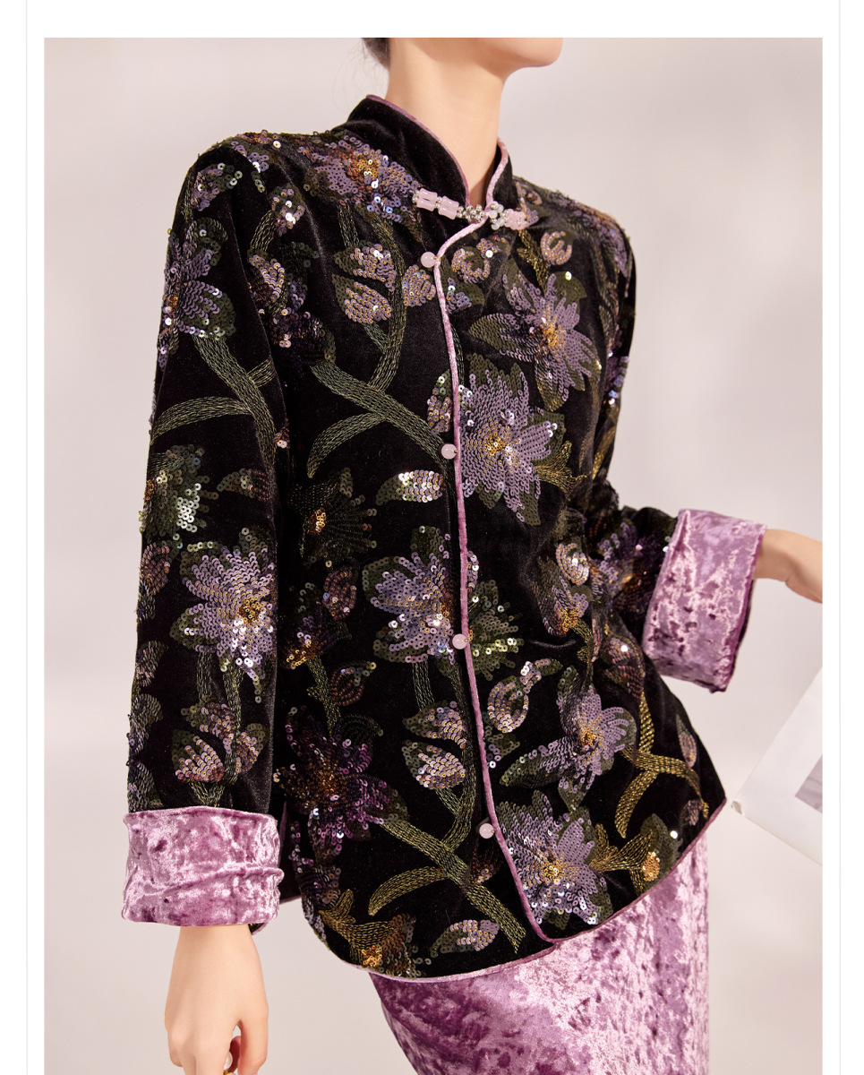 Bộ đôi áo khoác sequin thêu hoa và chân váy dài nữ dáng thanh lịch — Váy tím Mushan (Giao hàng trong 7 ngày), Váy tím Mushan (giao hàng trong ngày), Áo khoác sequin (giao hàng trong 7 ngày), Áo khoác sequin (giao hàng trong ngày)