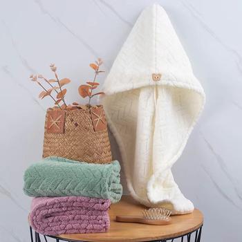 Factory Direct Sale of Wheat Ear-Shaped Quick-Dry Hair Drying Cap, Thickened Bath Cap, Solid Color Household Head Wrap Towel, Coral Fleece