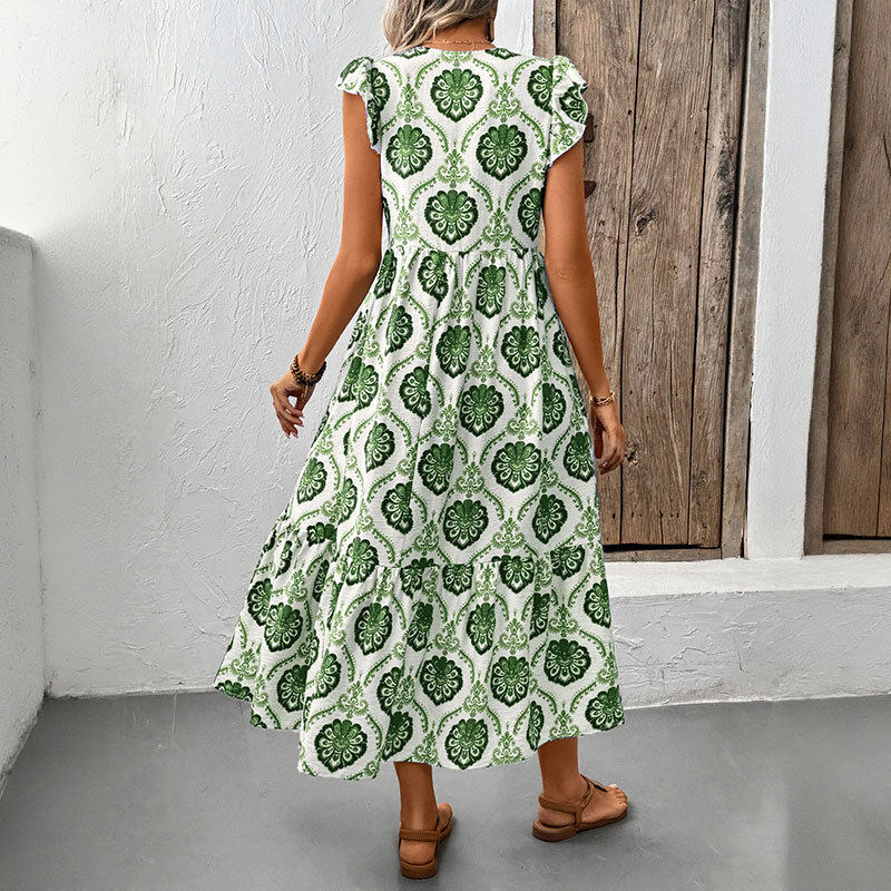 Vintage Inspired Geometric Print Sleeveless Ruffle Dress Unique Design Trendy Style Perfect for Summer Events