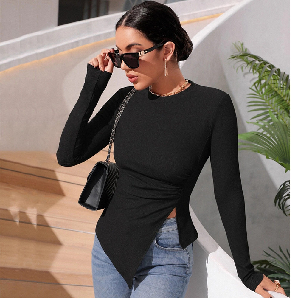 Womens Long Sleeve Irregular T Shirt Slim Fit Round Neck Fashionable Elegant Autumn Winter Collection Wholesale