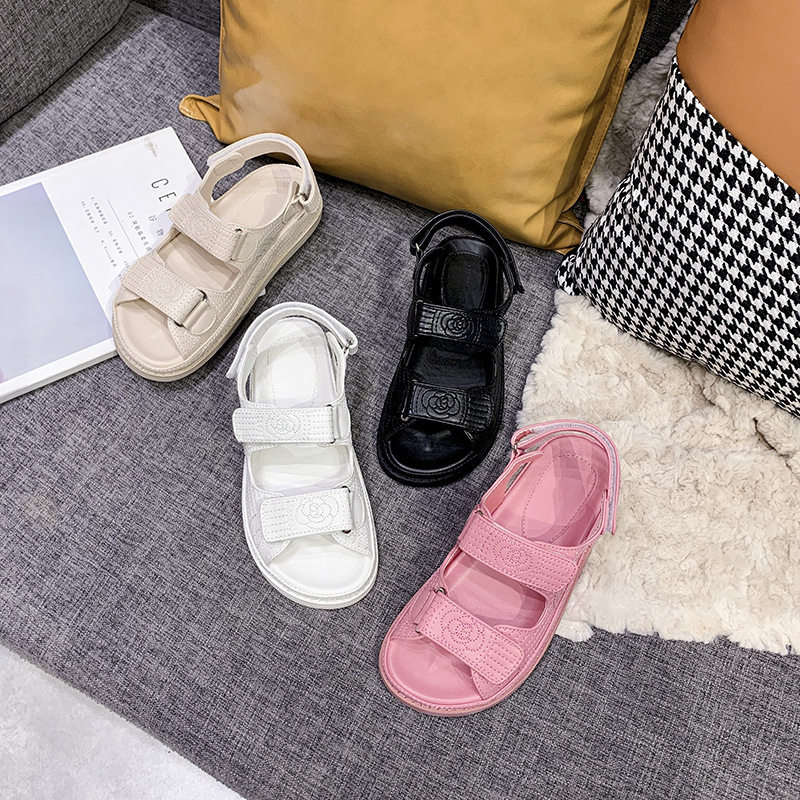 2024 New Chanel style Velcro sandals women's platform muffin fairy style beach shoes summer flat Roman sandals