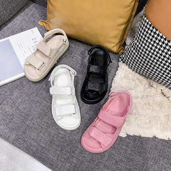 2024 New Chanel style Velcro sandals women's platform muffin fairy style beach shoes summer flat Roman sandals