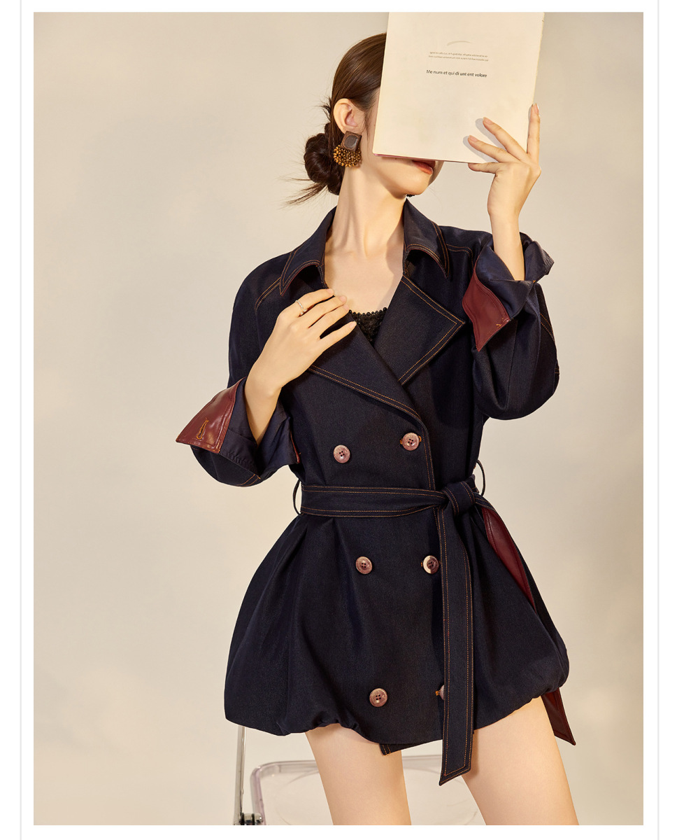 Áo khoác dáng trench denim phối chỉ tương phản cổ bẻ thắt eo dài trung — Xanh navy (giao hàng trong 7 ngày)