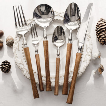 Cross-Border Exclusive Supply of Ins304 Stainless Steel Spoons, Western-Style Hotel Rosewood Handle Small Waist Knife and Fork, Chicken Wing Wood Spoon