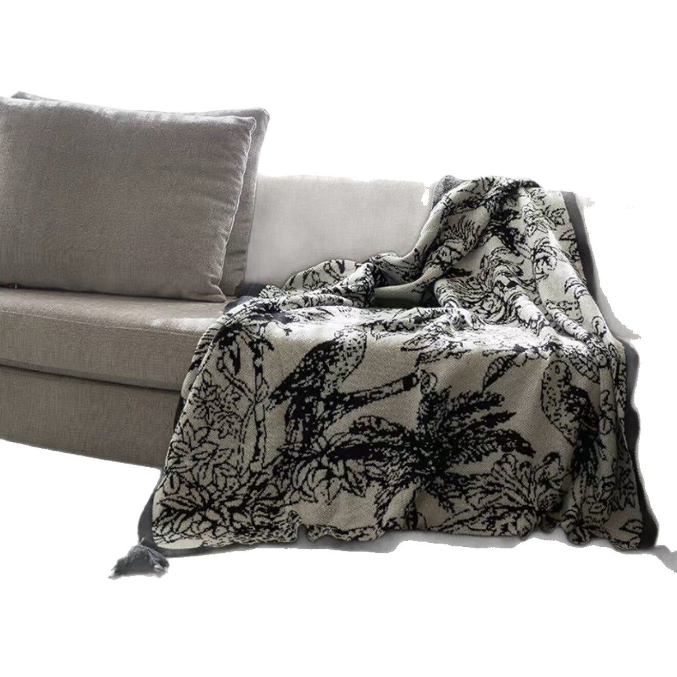 Chinese-Style Retro Ink Painting Floral and Bird Knitted Blanket Sofa Blanket Throw Blanket Bed Blanket Splash-Ink Decorative Air-Conditioning Blanket Nap Blanket Fleece Blanket