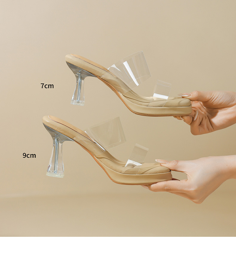 Dép sandal nữ quai ngang trong suốt gót pha lê 7cm 9cm — Bạc 7cm, Bạc 9cm, Màu trắng nhạt 9cm, Mơ 7cm