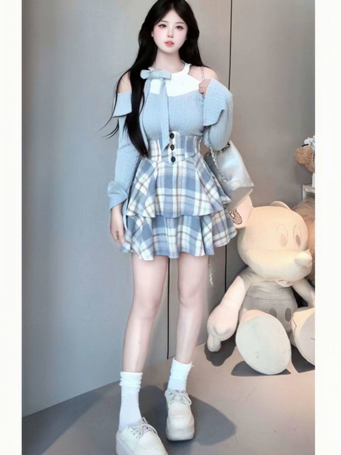 Plus Size Fat mm Autumn and Winter New Knitted Off-Shoulder Top with Plaid Waist Fishbone Cover-Up Slimming Look Short Skirt Two-Piece Set