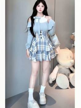 Plus Size Fat mm Autumn and Winter New Knitted Off-Shoulder Top with Plaid Waist Fishbone Cover-Up Slimming Look Short Skirt Two-Piece Set