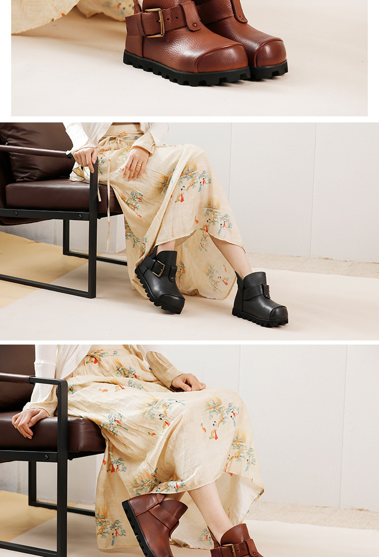 Boot nữ cổ thấp da bò thật đế bằng phong cách cổ điển — Màu đen, Màu nâu đậm