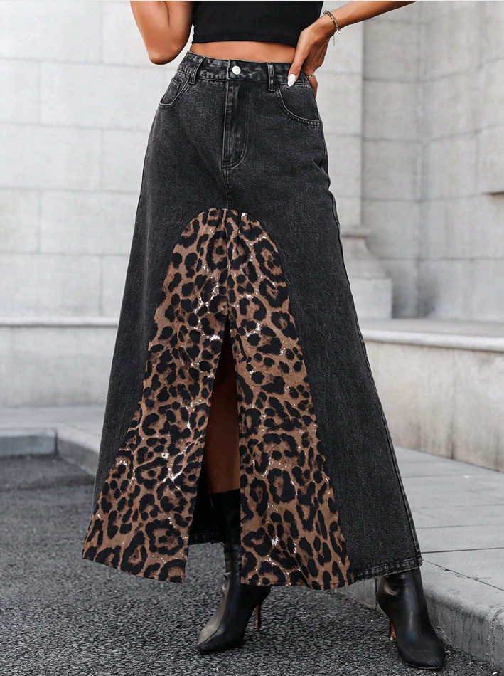 Leopard Print Denim Skirt Versatile Stylish Autumn Fashion Perfect for Streetwear Wholesale Available