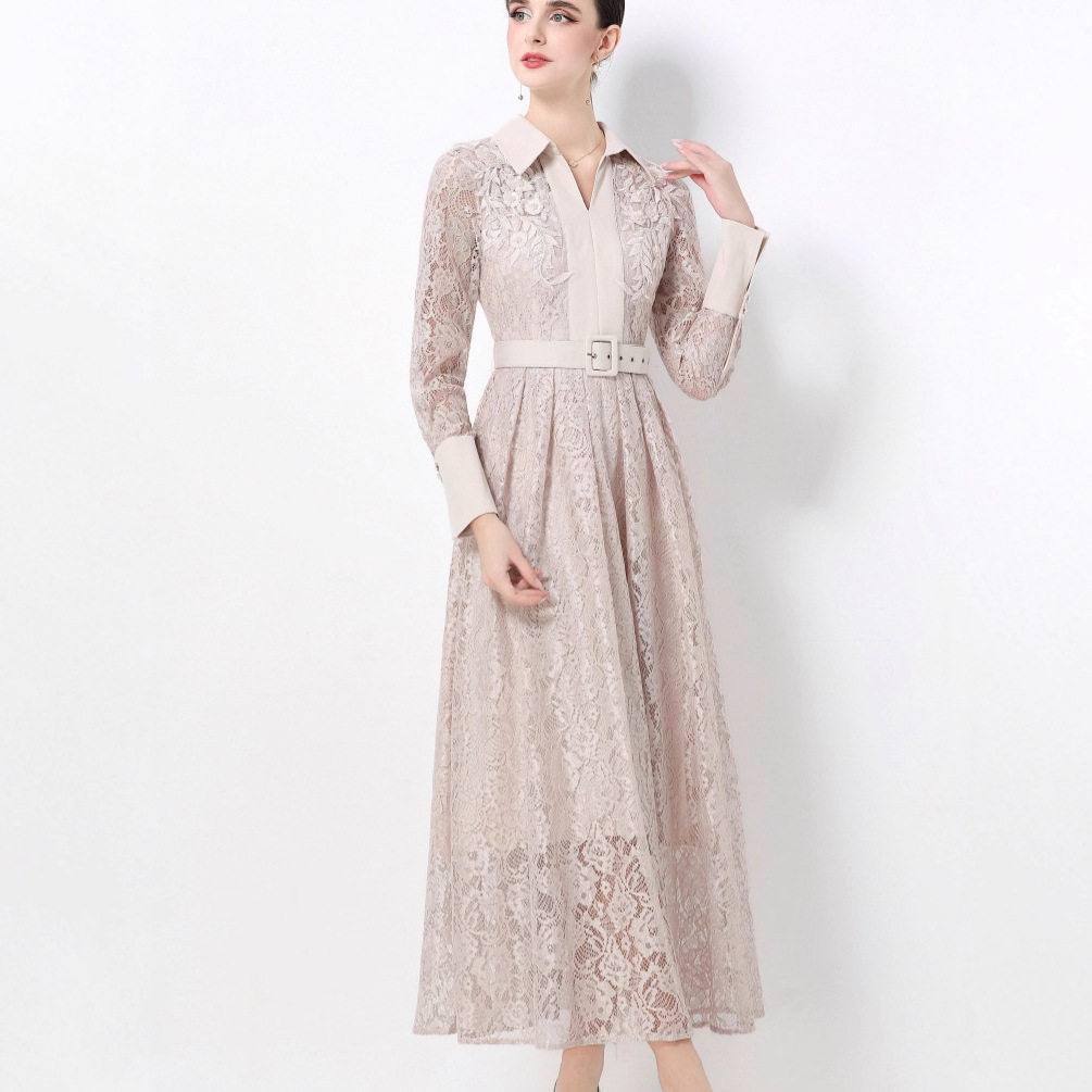 French Style Long Sleeve Dress Exquisite Beaded Sequin Embellishments Lace Flared Hem Elegant Evening Gown Custom
