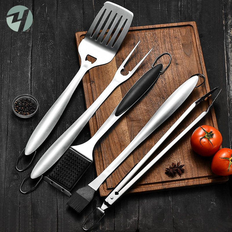 In stock large 16-inch 430 stainless steel BBQ grill barbecue fork food clip oil brush barbecue tools suit 5 pieces