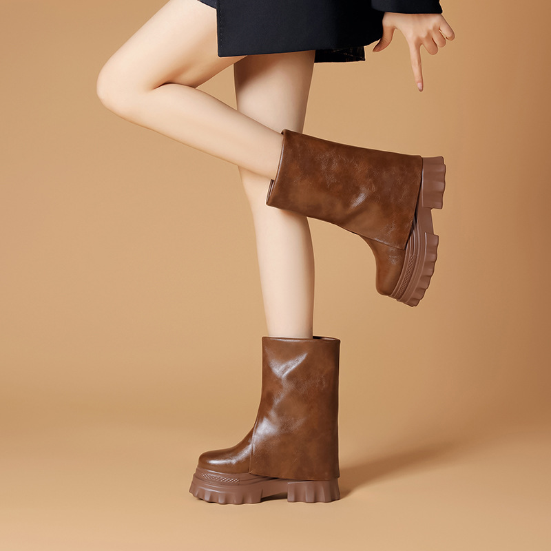 Boot Cổ Thấp Nữ Cao 10cm Tăng Chiều Cao Đế Xuồng Đế Cao Hàng Mùa Xuân Thu Đông