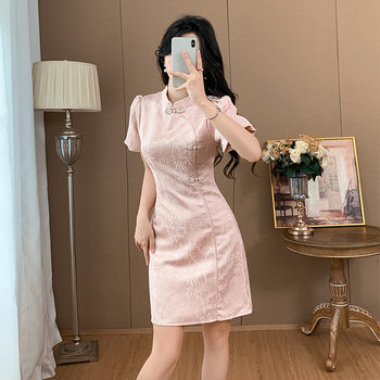 2024 summer new Chinese retro modified cheongsam stand collar buckle bubble sleeve jacquard national style a dress