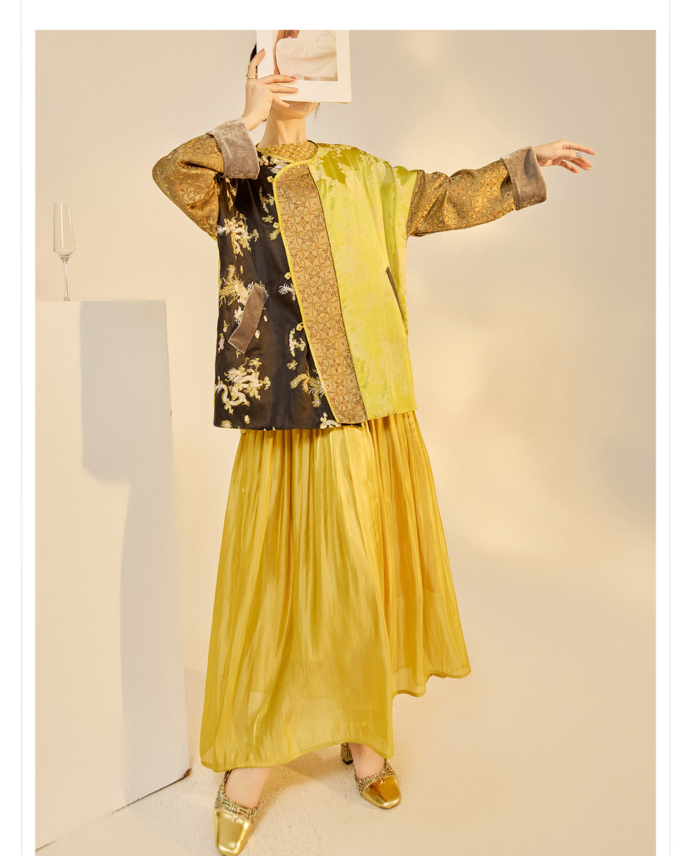 Đầm maxi nữ dài không tay cổ tròn đính cườm thêu hoa dáng tiên nữ — màu vàng kim, Xanh lá cây