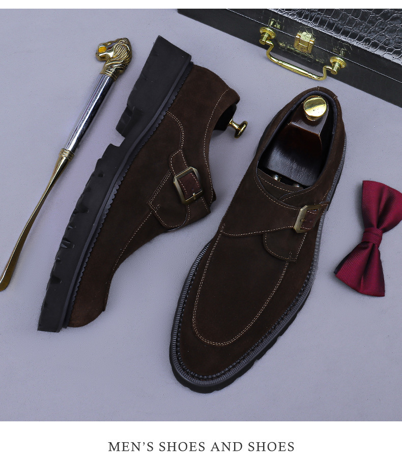 Giày loafer nam da bò lộn mũi tròn khóa cổ điển đế dày tăng chiều cao — đen, màu nâu mocha