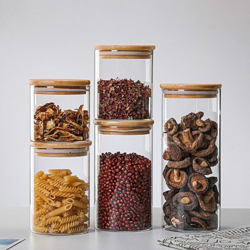 High Borosilicate Glass Round Bamboo Lid Storage Jar Food Grade Kitchen Finishing Storage Sealed Grain Tea Storage Jar