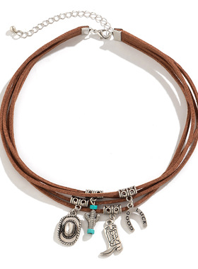 欧美跨境西部牛仔风帽子松石多层项链女式 复古花盘百搭颈链项饰