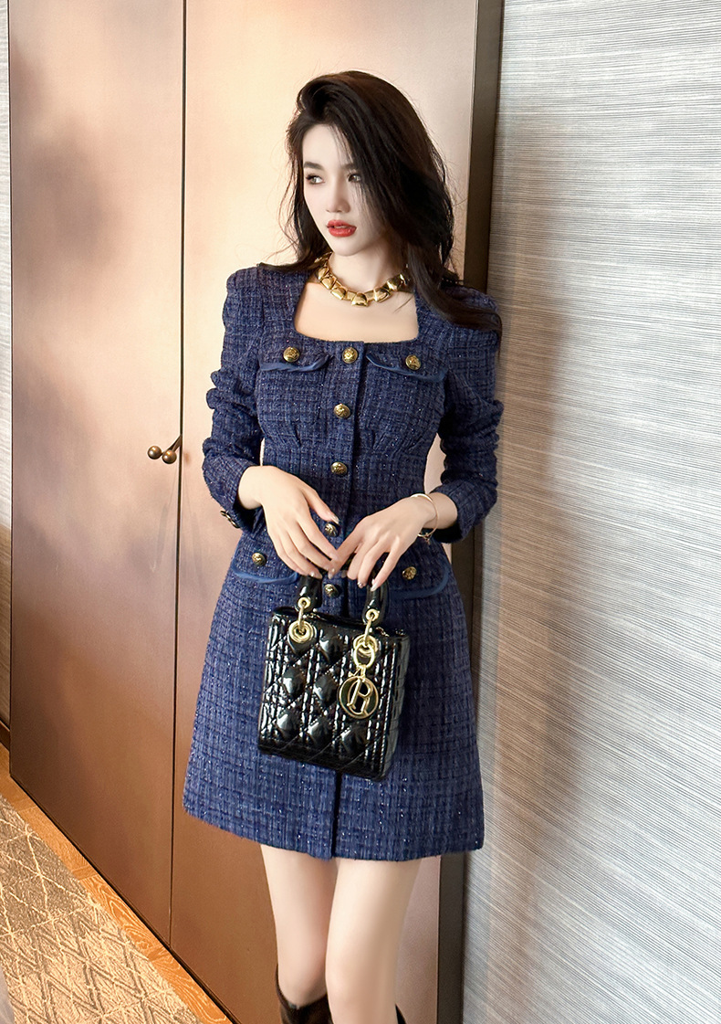 Đầm nữ dáng chữ A cổ vuông thắt eo vải tuýt dài tay — Màu tím xanh lam