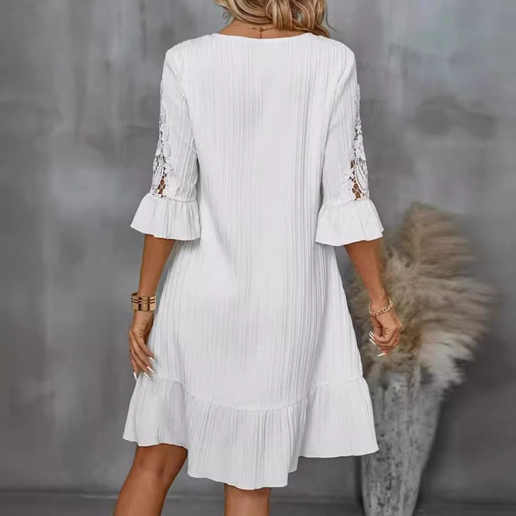 Summer V Neck Lace Midi Dress Solid Color Bell Sleeves Elegant Design Perfect for Casual or Formal Occasions