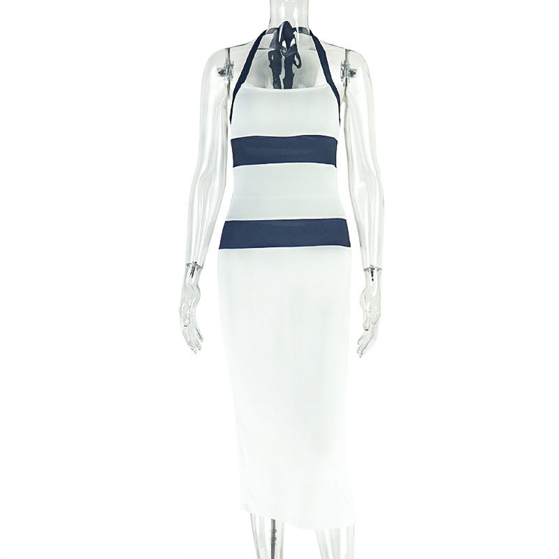 Slim Fit Halter Neck Dress Black and White Color Block Side Slit Design Casual Streetwear for Women Wholesale