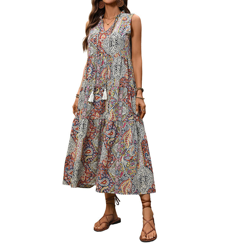 Vintage Bohemian Print Sleeveless Dress Stand Collar Drawstring Waist Relaxed Fit Perfect for Summer Vacations