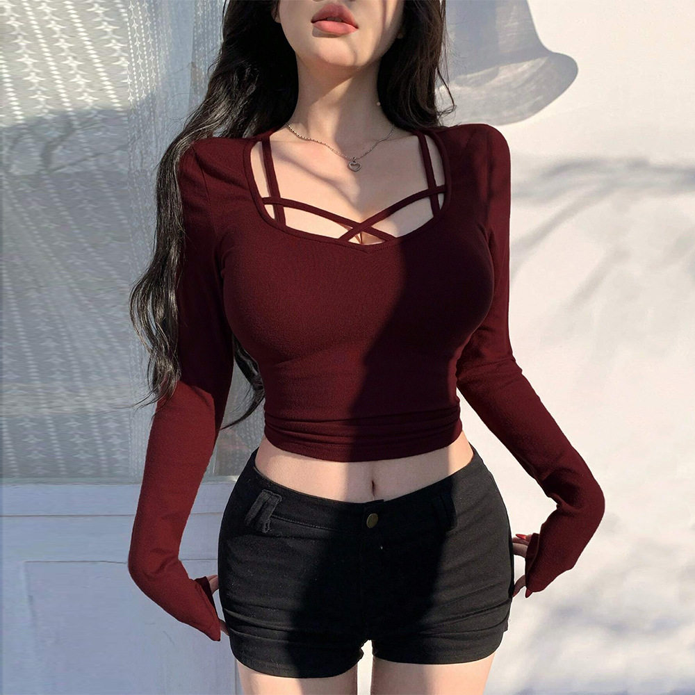 Wine Red Slim Fit T Shirt Sweet and Spicy Style Spring Summer U Neck Top for Women Wholesale Available