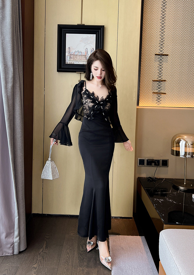 Đầm ôm body nữ dáng dài cổ V không tay, phong cách Pháp gợi cảm — [Màu đen] chi tiết 5