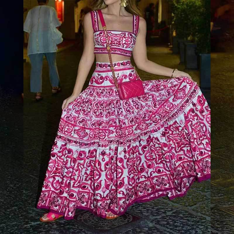 Spring Womens Fashion Set Square Neck Floral Print A Line Skirt Sleeveless Perfect for Casual Outings Wholesale