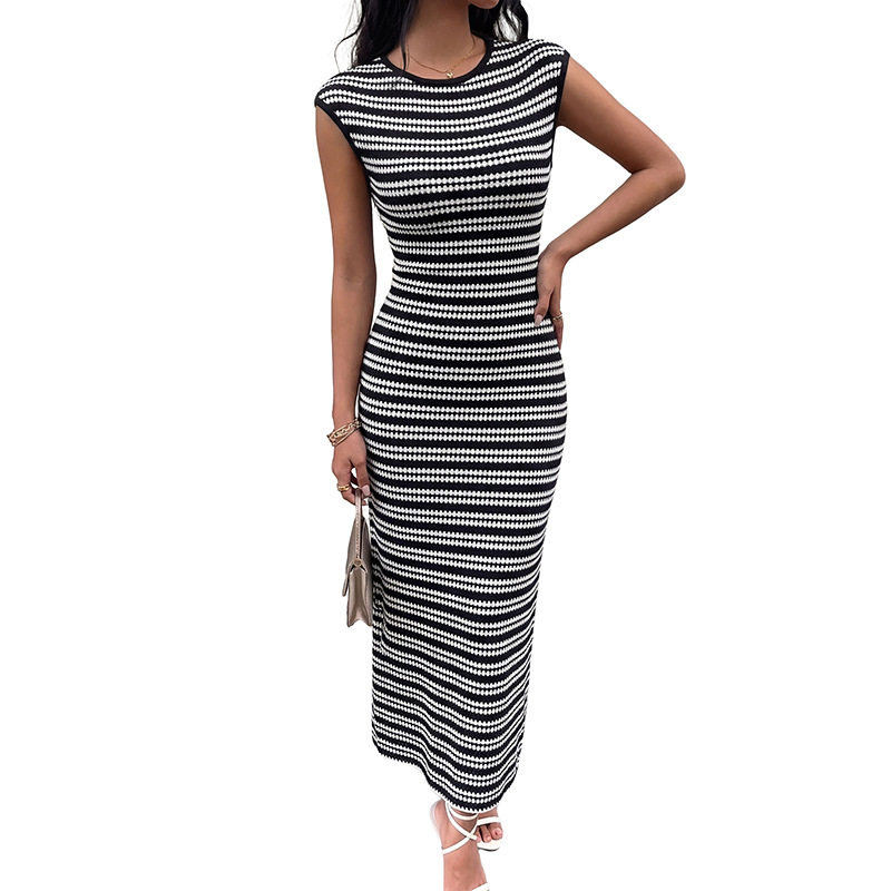 Casual Sleeveless Striped Knit Bodycon Dress Simple Style Round Neck Comfortable Fabric Perfect for Summer Events