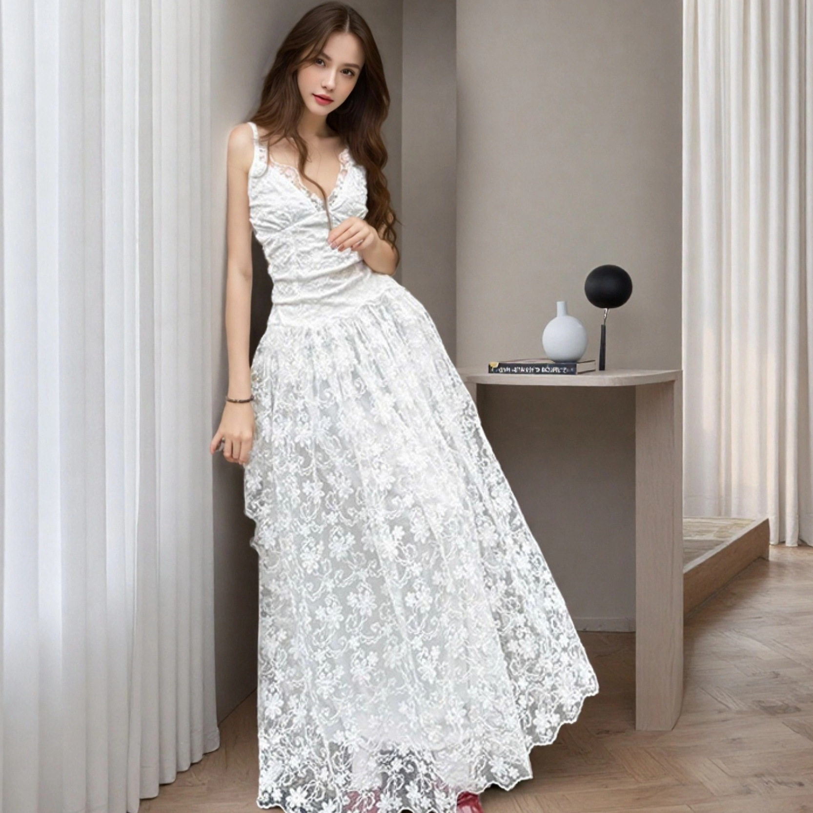 V Neck Lace Mesh A Line Dress Sexy Flattering Fit Adjustable Straps Autumn Fashion for Parties Wholesale Available
