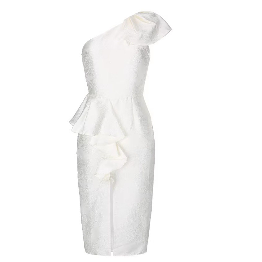 Vintage One Shoulder Ruffle Hem Sleeveless Dress High Waist Slim Fit Side Slit Spring Summer Elegance Wholesale