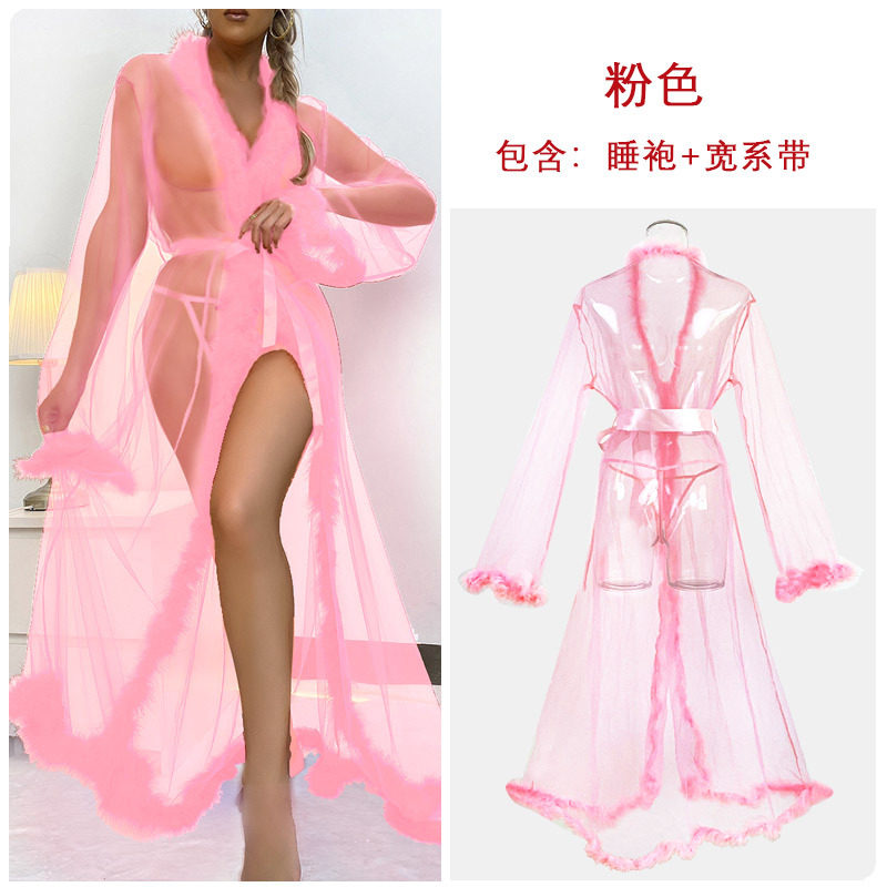 会员可见跨境外贸性感网纱长款睡袍毛毛边 性感透视睡衣女批发271