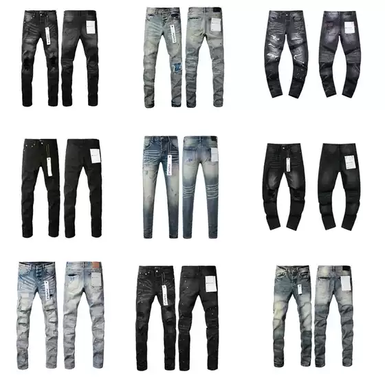 High-End Am Foreign Trade Style Punk Retro Blue Ripped Slim-Fit Stretch Printed and Dyed Skinny Men's Jeans Trendy