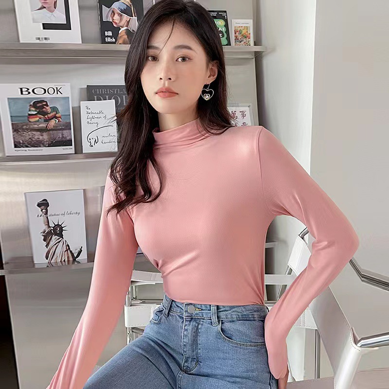 牛奶丝半高领打底衫女秋冬纯色内搭堆堆领修身长袖t恤面膜秋衣潮