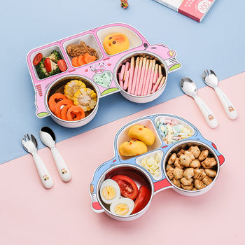 304 Stainless Steel Children's Car Dinner Plate Removable and Washable Baby Food Bowl Creative Cartoon Split Plastic Plate Set