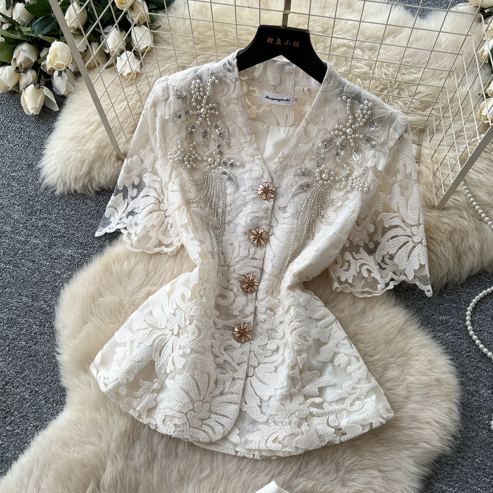 French Style V Neck Lace Embroidered Top with High Waisted Pleated Skirt Elegant Slim Fit Summer Outfit Wholesale
