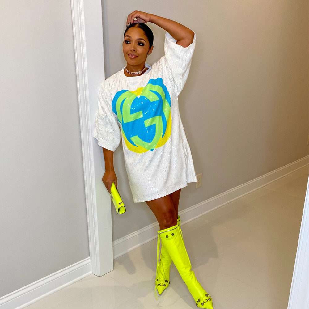 CY9984款欧美时尚圆领半袖宽松珠片印花连衣裙女聚会亮片款夜店风